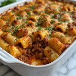 Rich and Comforting Creamy Beef Shells Casserole 5 Close-up of Creamy Beef Shells Casserole with melted cheese