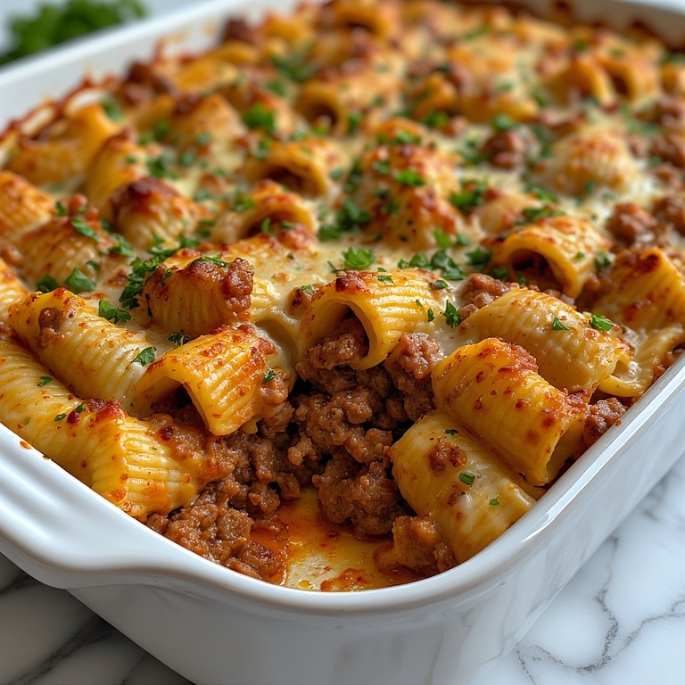 Close-up of Creamy Beef Shells Casserole with melted cheese