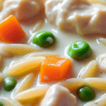 Creamy Chicken Pot Pie Orzo Recipe 3 Close-up of creamy chicken pot pie orzo with chicken, carrots, peas, and sauce