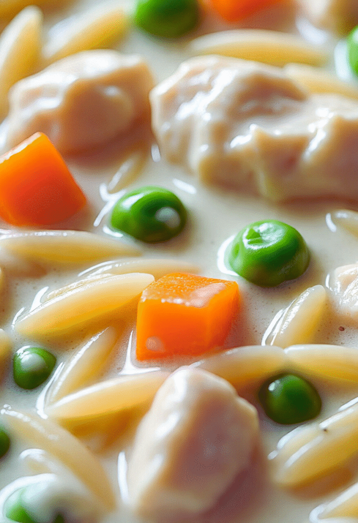 Close-up of creamy chicken pot pie orzo with chicken, carrots, peas, and sauce