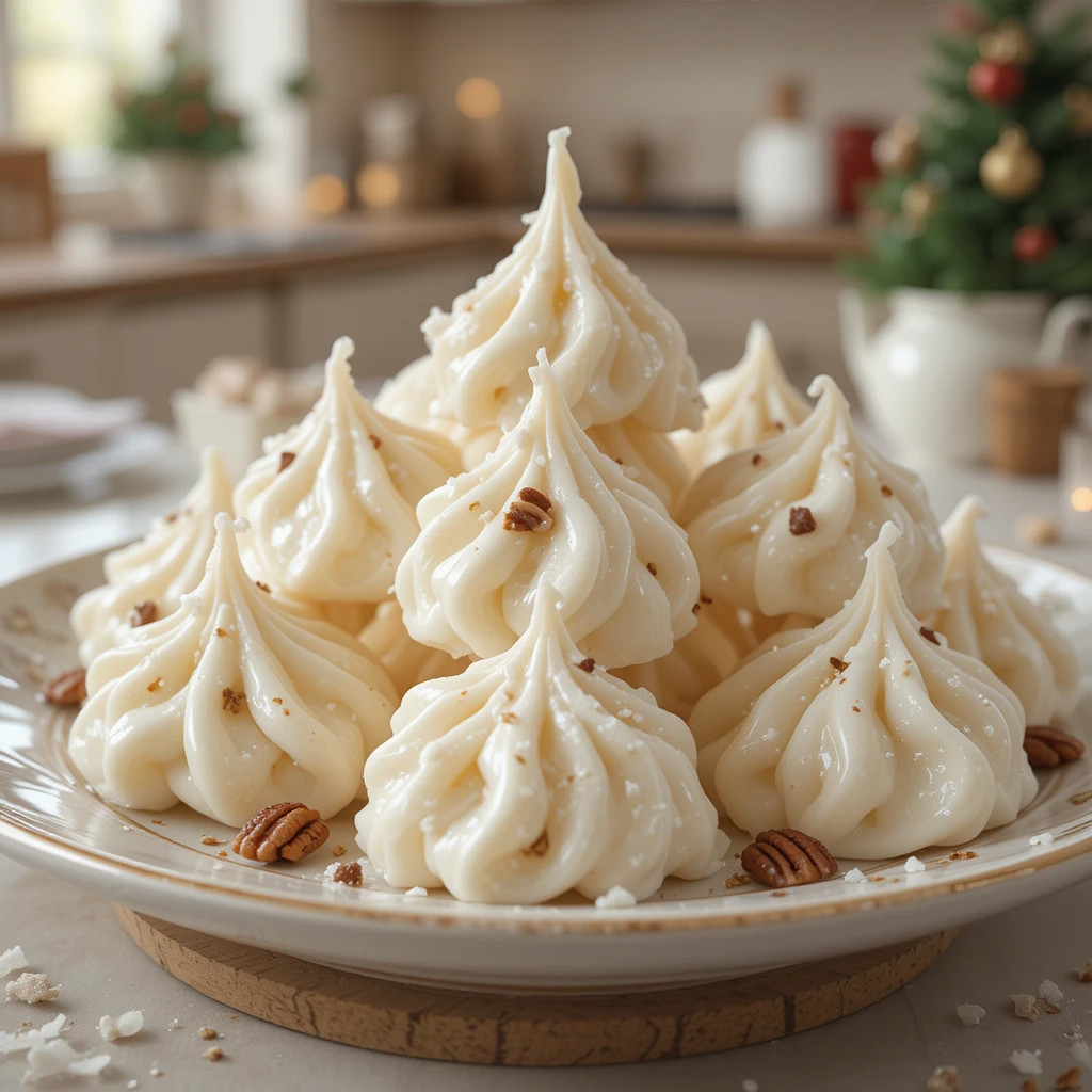 Divinity Candy Recipe 4 Fluffy white Divinity Candy pieces with pecans on a festive plate