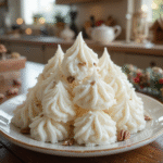Divinity Candy Recipe 5 Fluffy white Divinity Candy pieces with pecans on a festive plate