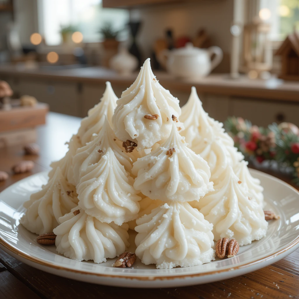 Fluffy white Divinity Candy pieces with pecans on a festive plate