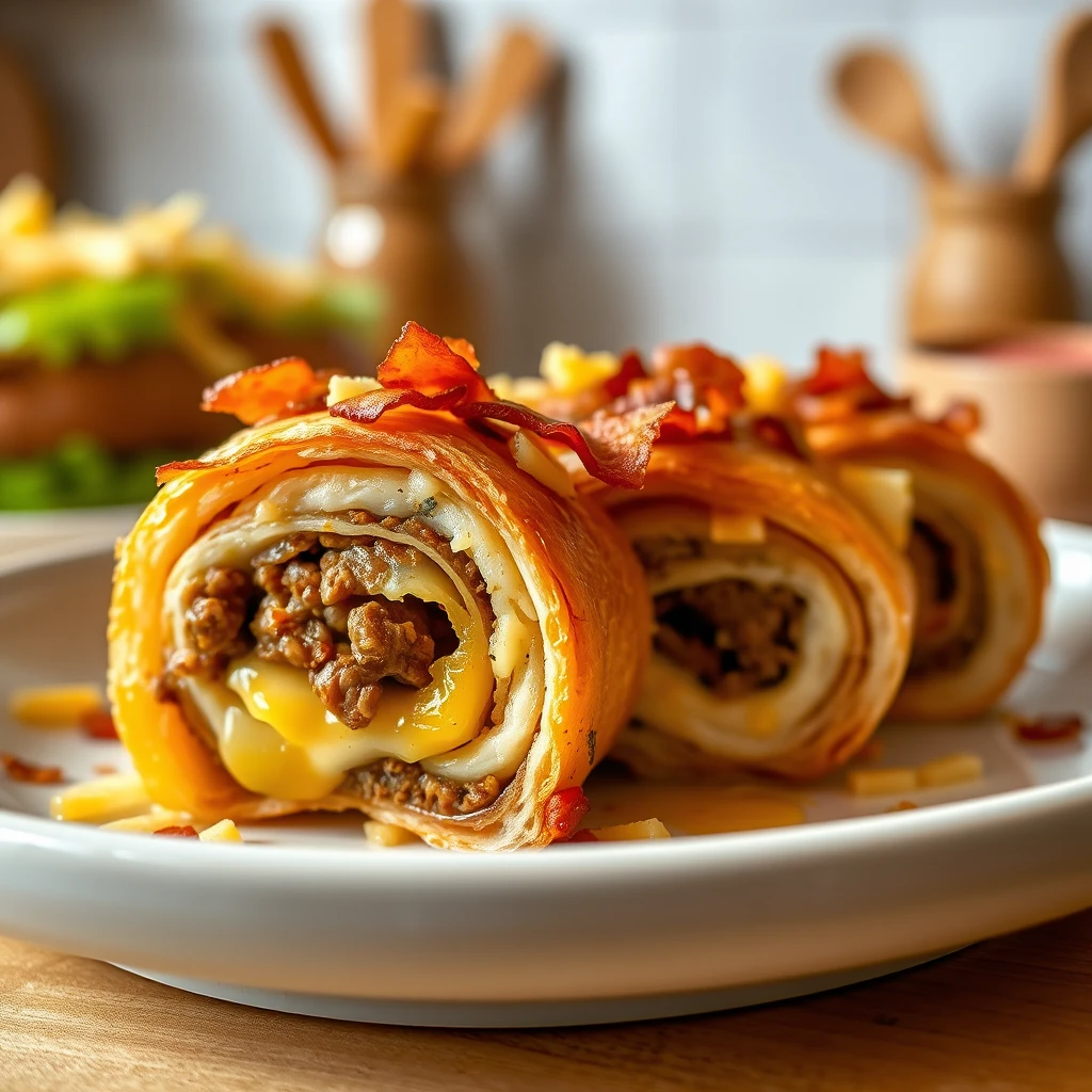 Garlic Butter Bacon Cheeseburger Rollups 4 Golden puff pastry rollups filled with bacon, ground beef, and melted cheddar cheese on a baking sheet