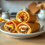 Garlic Butter Bacon Cheeseburger Rollups 5 Golden puff pastry rollups filled with bacon, ground beef, and melted cheddar cheese on a baking sheet