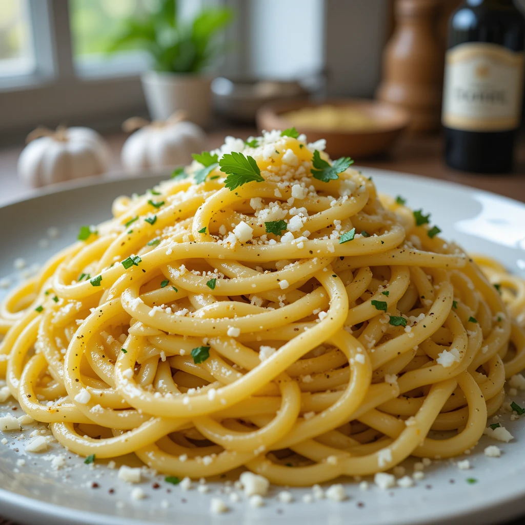 Bowl of garlic butter noodles topped with Parmesan and parsley