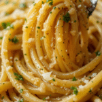 Garlic Butter Pasta 5 Close-up of glossy garlic butter pasta with parsley and Parmesan cheese