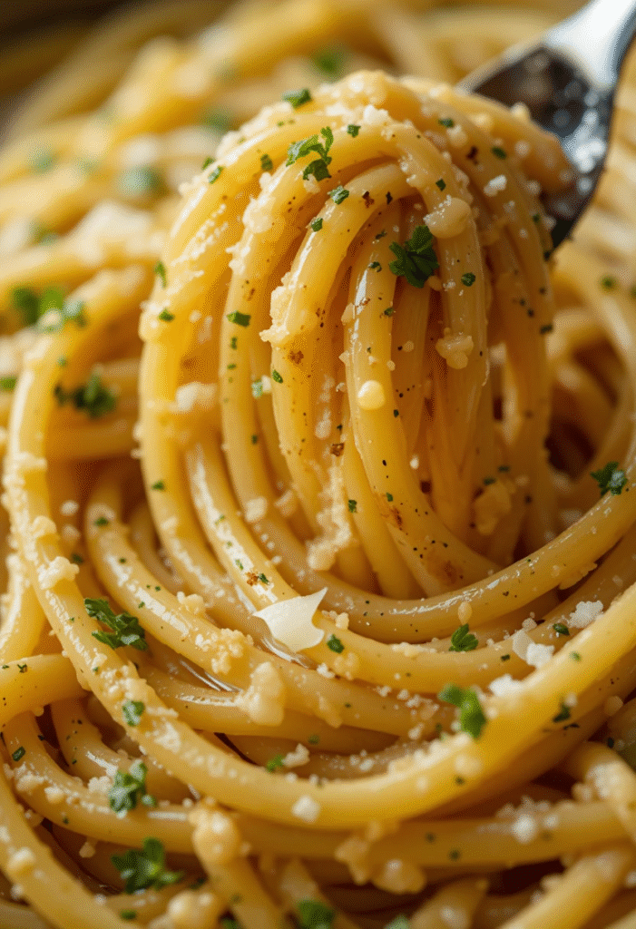 Close-up of glossy garlic butter pasta with parsley and Parmesan cheese