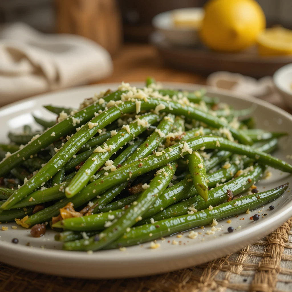 Garlic Parmesan Roasted Green Beans 4 Crispy roasted green beans topped with melted Parmesan and garlic