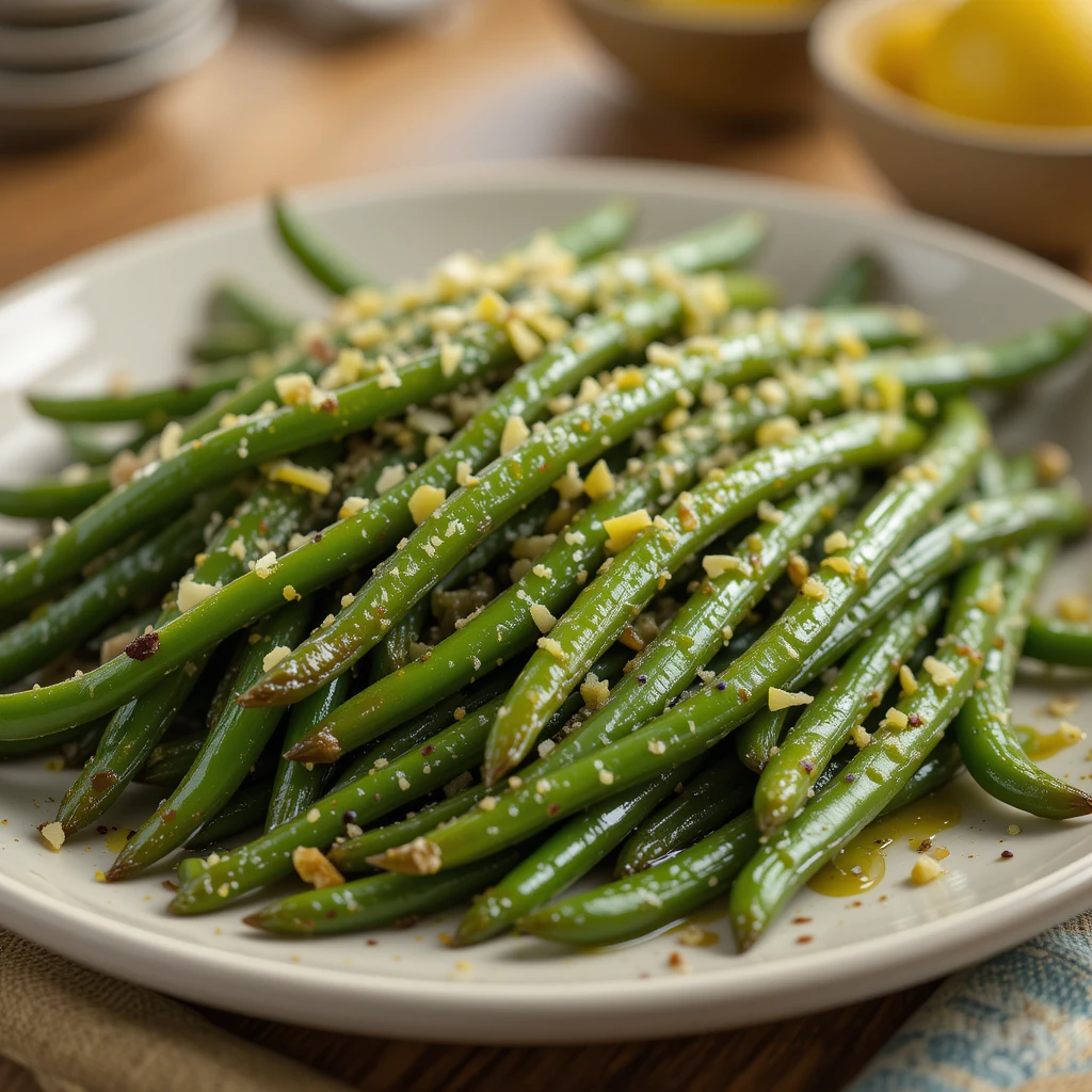 Crispy roasted green beans topped with melted Parmesan and garlic