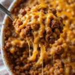 Hamburger Rice Casserole 3 Close-up of creamy Hamburger Rice Casserole with ground beef and melted cheese