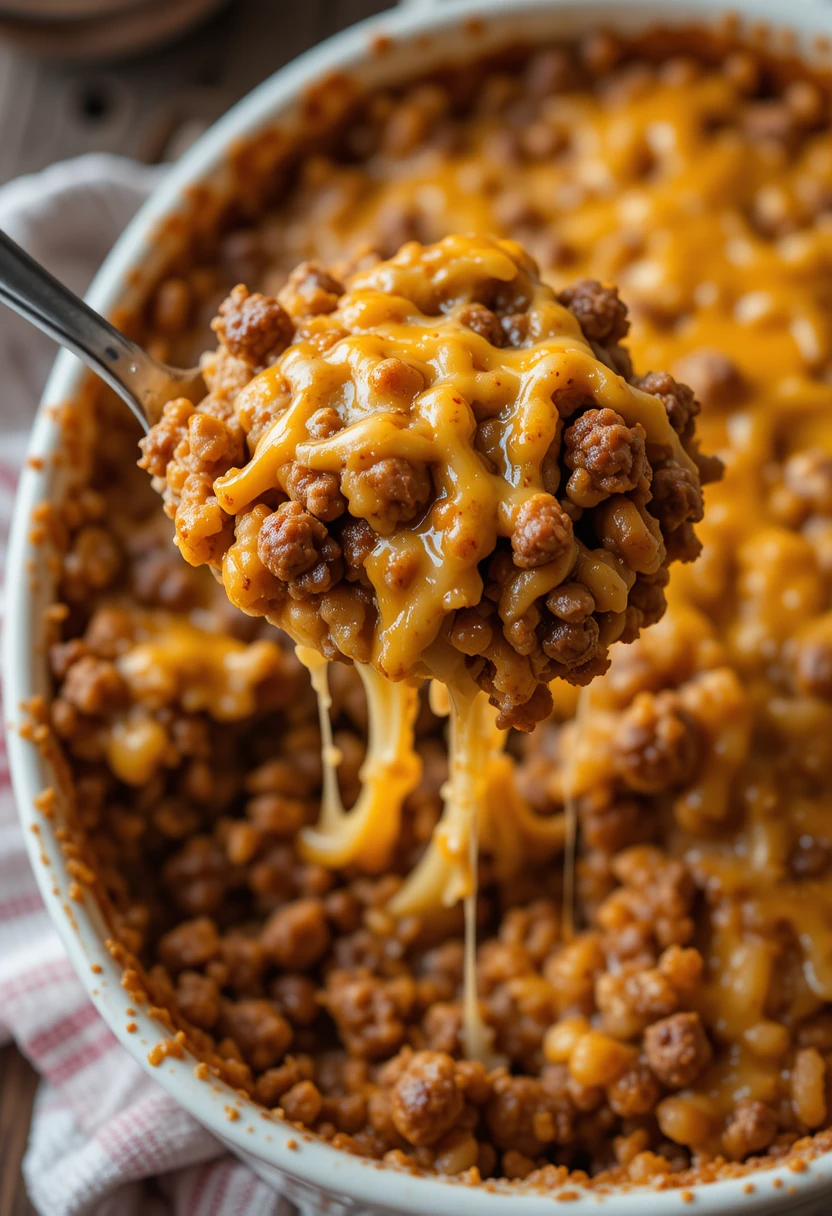 Close-up of creamy Hamburger Rice Casserole with ground beef and melted cheese