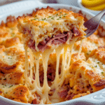Baked Reuben casserole with cheese, sauerkraut, and corned beef