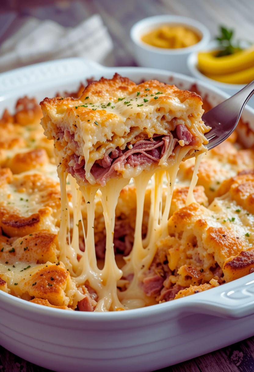 Baked Reuben casserole with cheese, sauerkraut, and corned beef