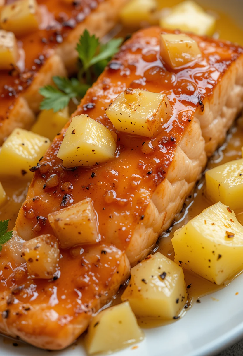 Glazed Honey Pineapple Salmon with pineapple chunks