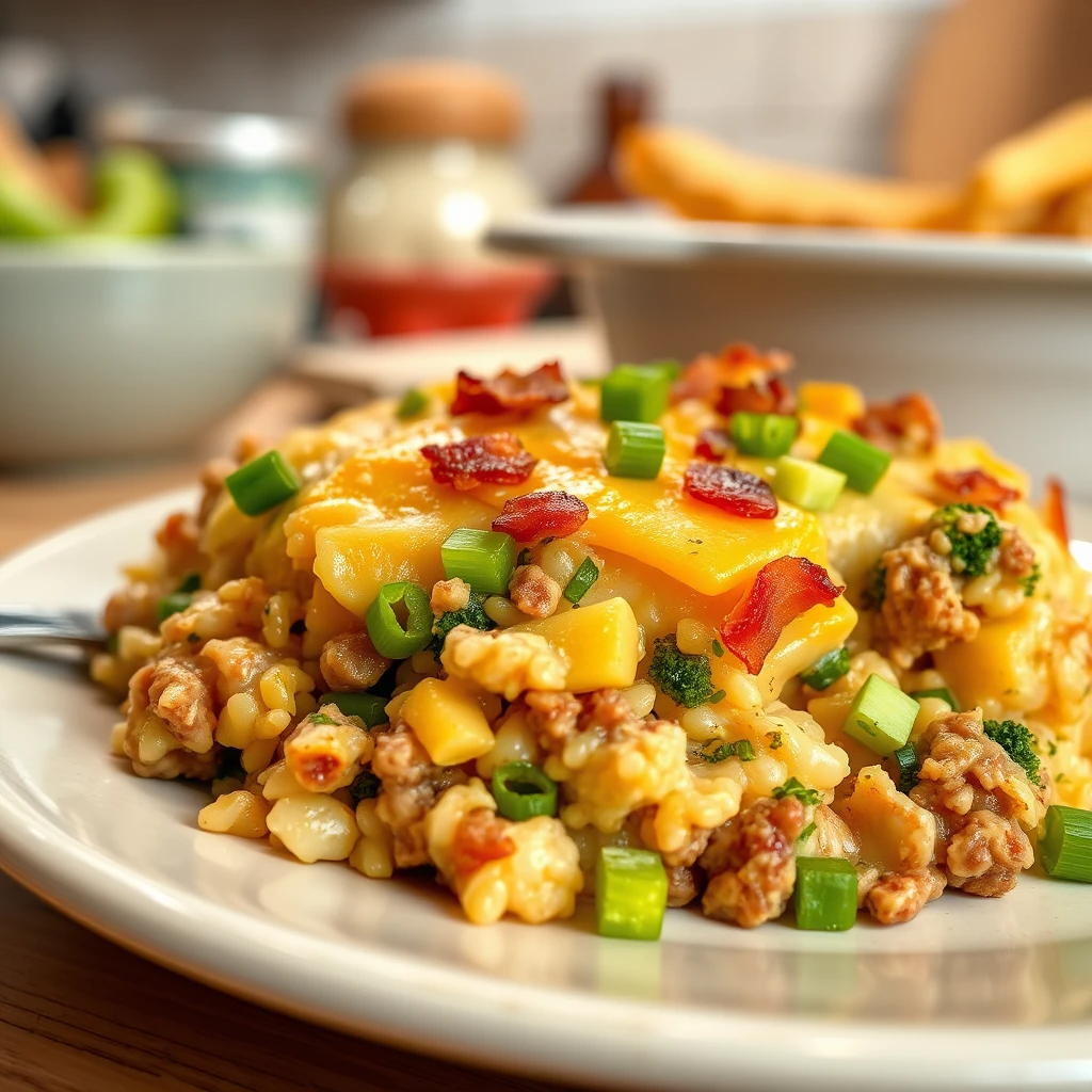 Loaded Potato and Meatloaf Casserole Recipe 4 A golden-baked Loaded Potato and Meatloaf Casserole topped with melted cheddar, crumbled bacon, and green onions in a casserole dish.