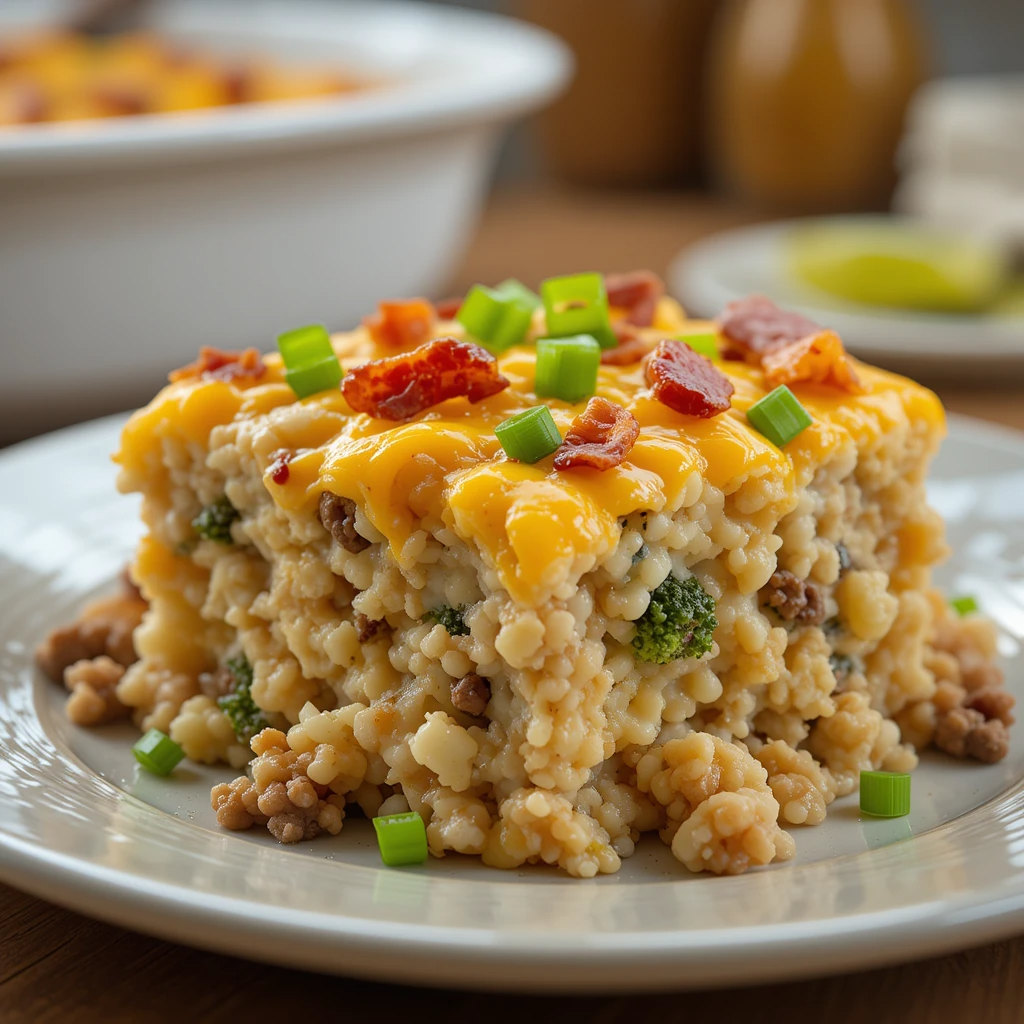 A golden-baked Loaded Potato and Meatloaf Casserole topped with melted cheddar, crumbled bacon, and green onions in a casserole dish.