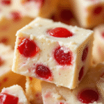 Close-up of creamy maraschino cherry white chocolate fudge with bright red cherries