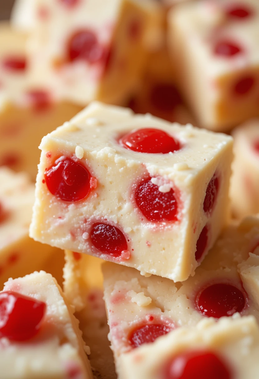 Close-up of creamy maraschino cherry white chocolate fudge with bright red cherries
