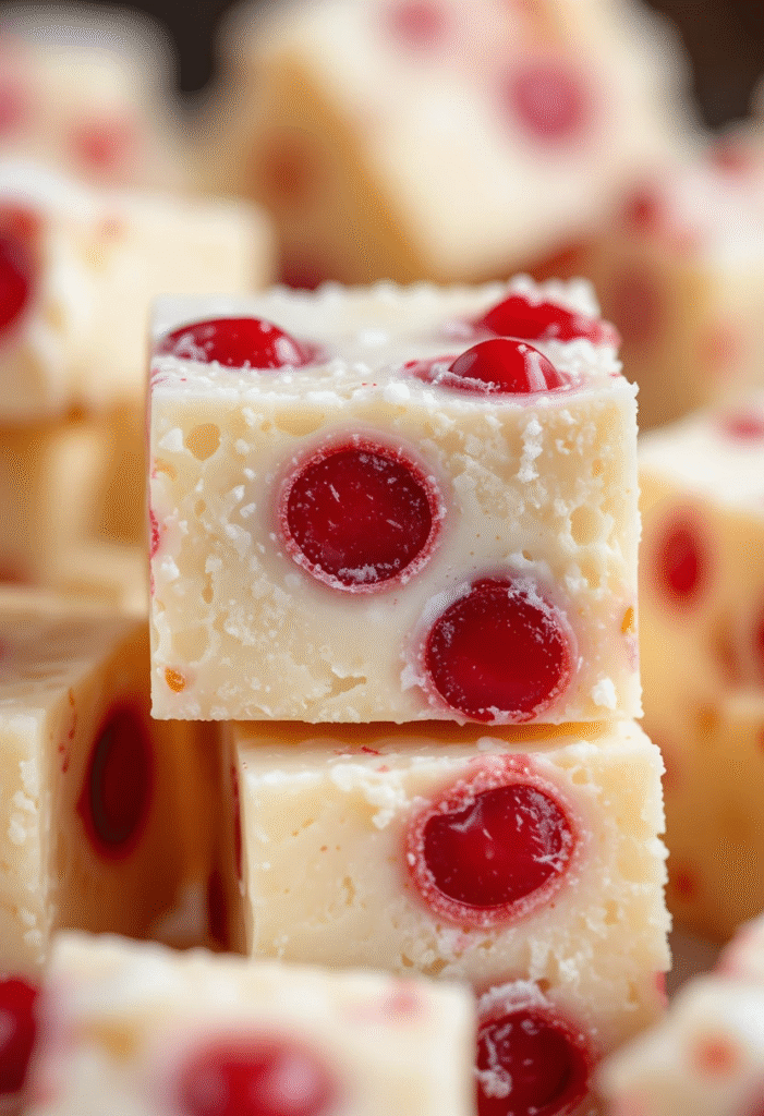 Close-up of creamy maraschino cherry white chocolate fudge with bright red cherries