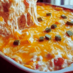 Close-up of cheesy Mexican With Trash Casserole with seasoned beef and crispy tortilla chips