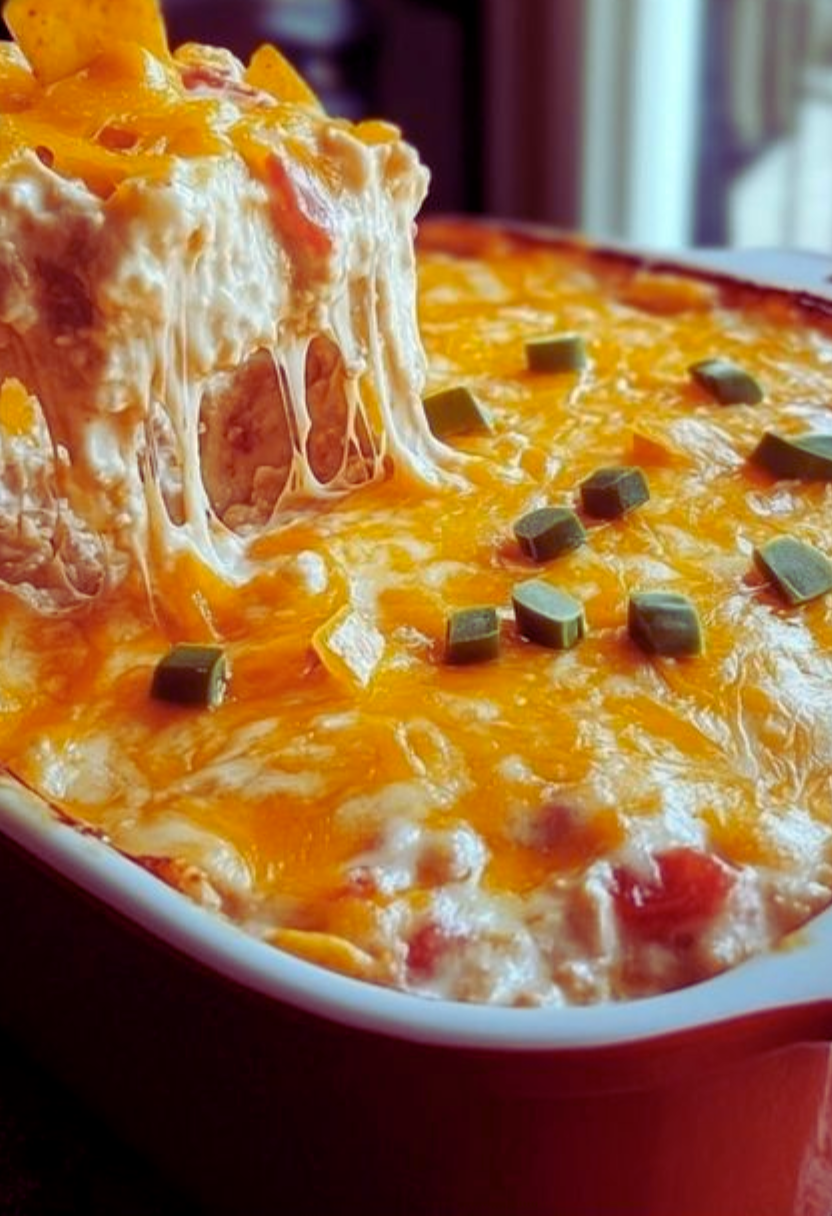 Close-up of cheesy Mexican With Trash Casserole with seasoned beef and crispy tortilla chips