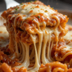 Million Dollar Ravioli Casserole 3 Close-up of cheesy Million Dollar Ravioli Casserole with melted mozzarella and marinara sauce
