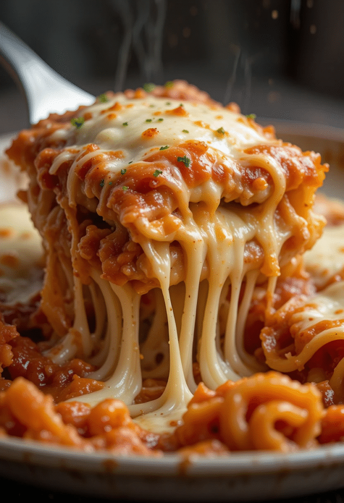 Close-up of cheesy Million Dollar Ravioli Casserole with melted mozzarella and marinara sauce