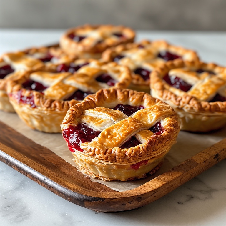 Mini Cherry Pie Recipe 4 Close-up of Mini Cherry Pies with golden crust and cherry filling