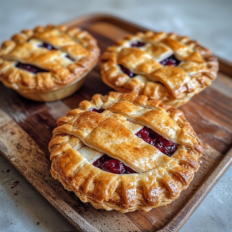 Close-up of Mini Cherry Pies with golden crust and cherry filling