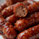 Close-up of glossy Mississippi Lil Smokies coated in barbecue sauce
