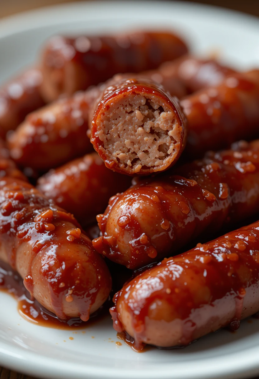 Close-up of glossy Mississippi Lil Smokies coated in barbecue sauce