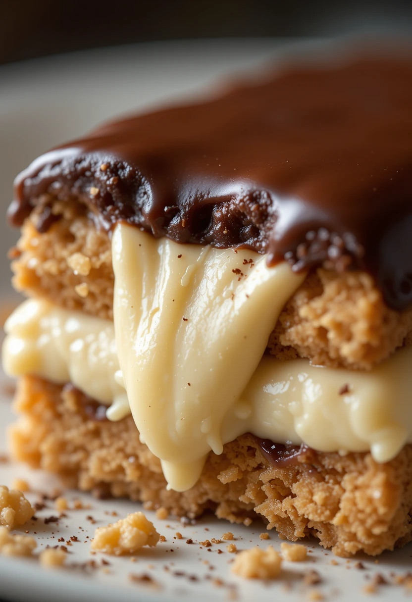Close-up of a bite of No Bake Chocolate Éclair Cake showing creamy pudding and glossy