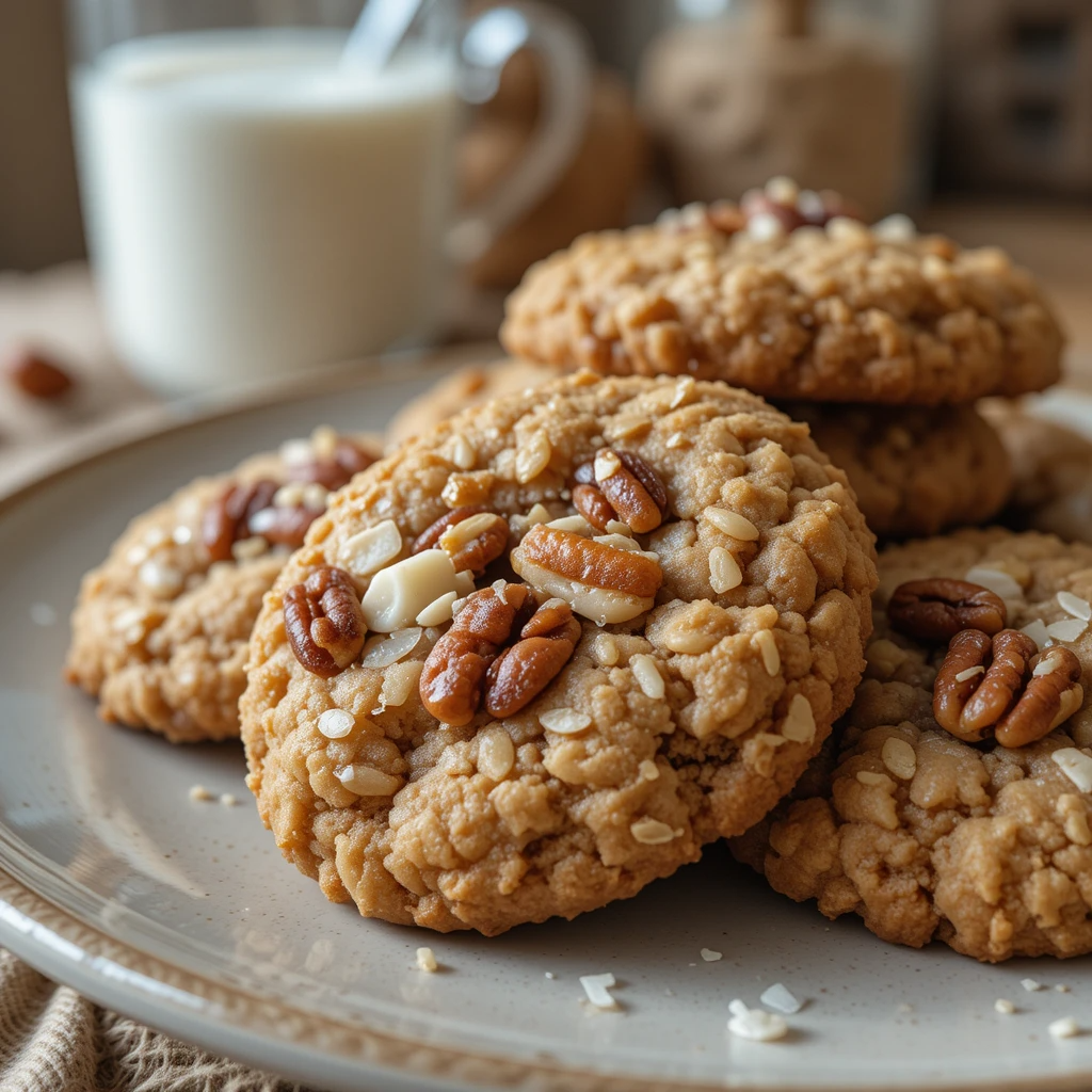 No Bake Coconut Pecan Praline Cookies 4 No Bake Coconut Pecan Praline Cookies on a parchment-lined tray, showcasing chewy texture and pecan topping