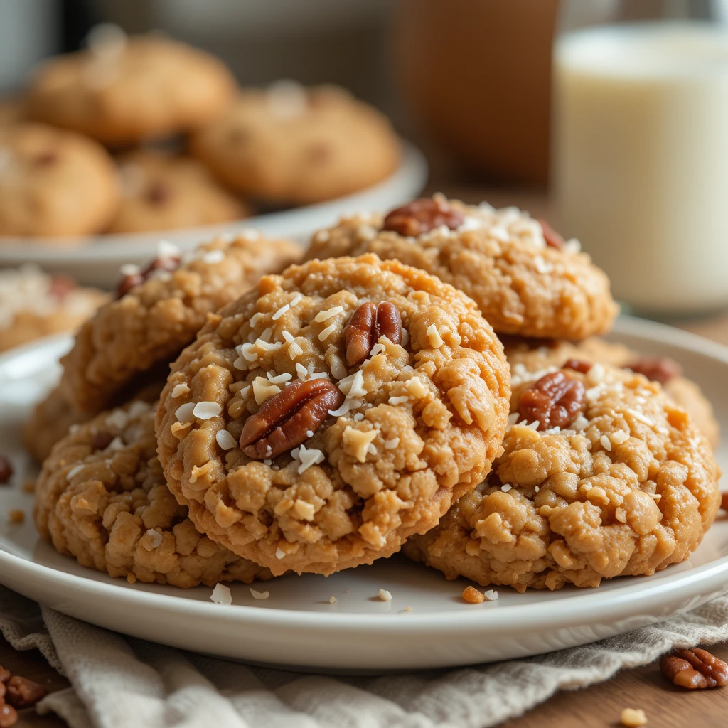No Bake Coconut Pecan Praline Cookies on a parchment-lined tray, showcasing chewy texture and pecan topping