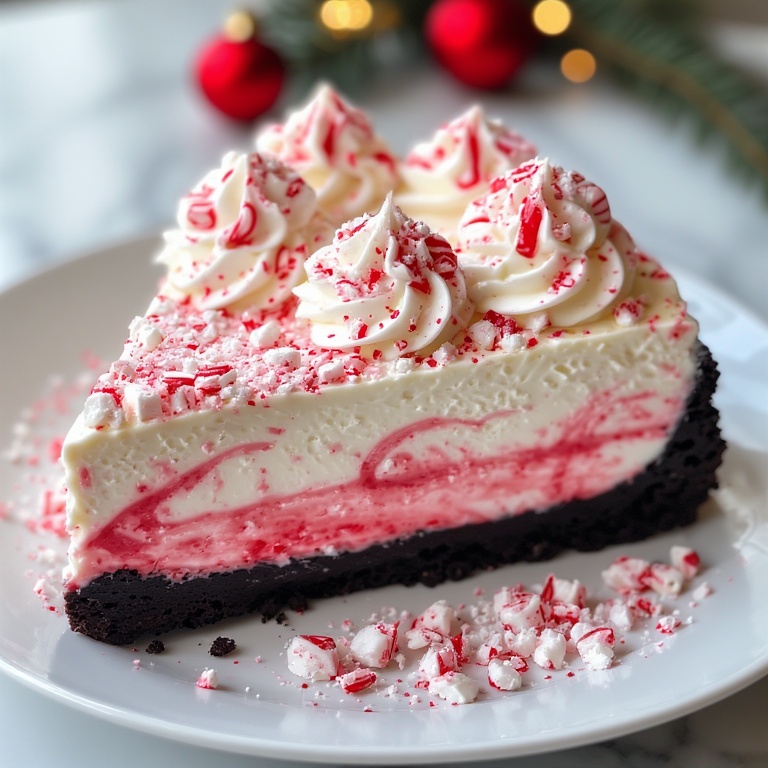 No-Bake Peppermint Cheesecake Recipe 4 Close-up of No-Bake Peppermint Cheesecake with candy cane