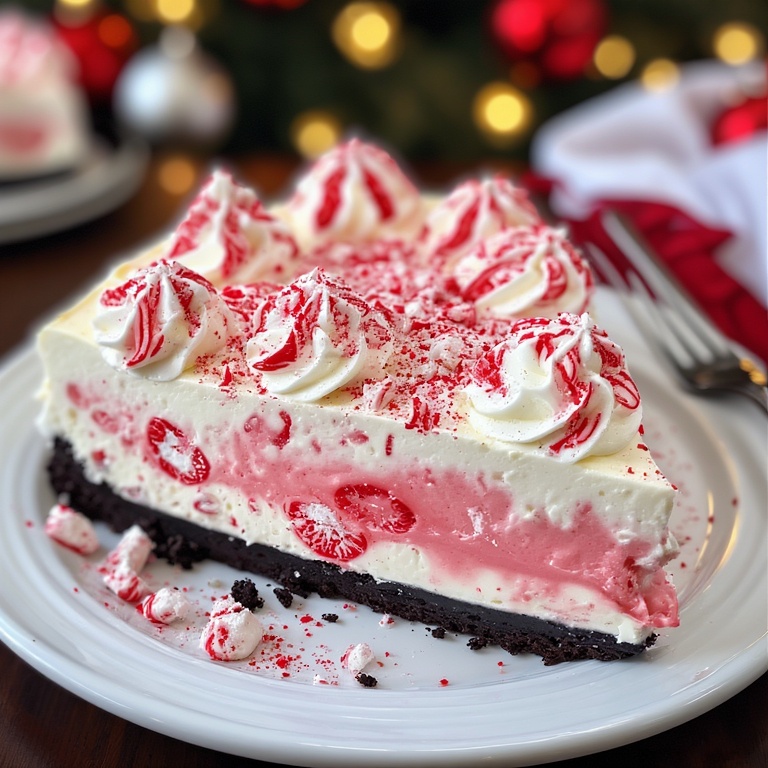 Close-up of No-Bake Peppermint Cheesecake with candy cane