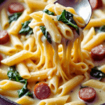One Pan Creamy Penne with Spinach and Italian Sausage 3 Creamy penne pasta with spinach and Italian sausage in one pan