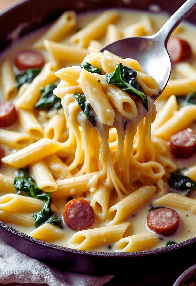 Creamy penne pasta with spinach and Italian sausage in one pan