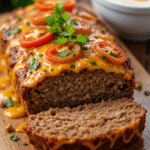 Philly Cheesesteak Meatloaf 5 Sliced Philly Cheesesteak Meatloaf with melted provolone cheese and sautéed peppers