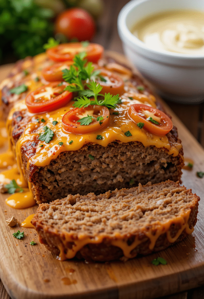 Sliced Philly Cheesesteak Meatloaf with melted provolone cheese and sautéed peppers
