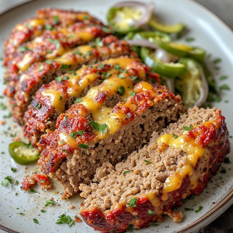 Close-up of Philly Cheesesteak Meatloaf slice