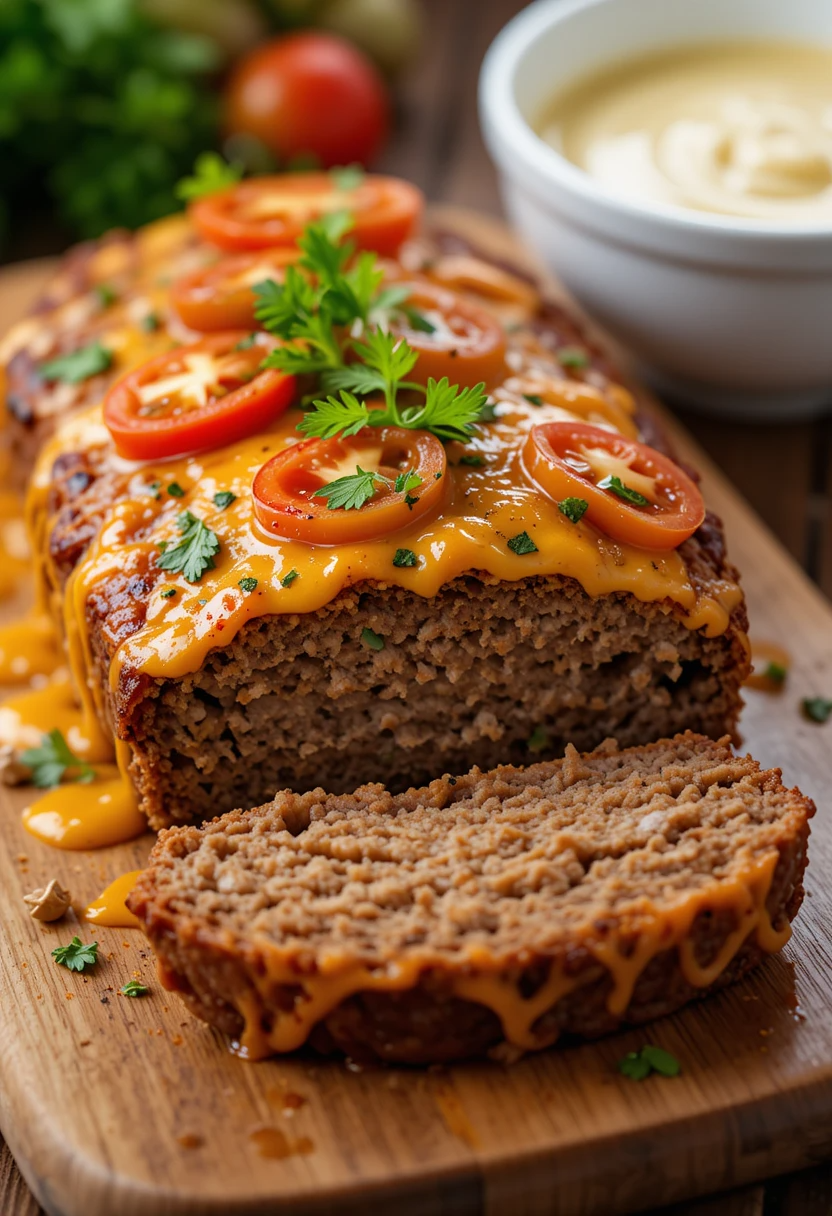 Sliced Philly Cheesesteak Meatloaf with melted provolone cheese and sautéed peppers