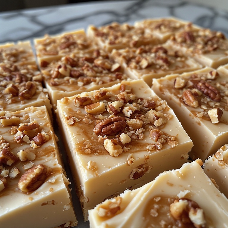 Pralines and Cream Fudge Recipe 4 Close-up of Pralines and Cream Fudge with praline swirls and pecans