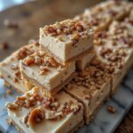 Pralines and Cream Fudge Recipe 5 Close-up of Pralines and Cream Fudge with praline swirls and pecans