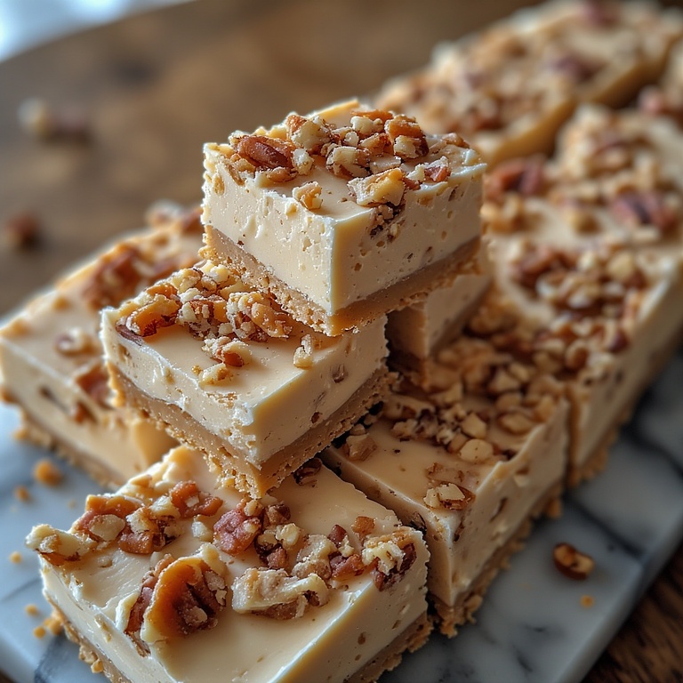 Close-up of Pralines and Cream Fudge with praline swirls and pecans
