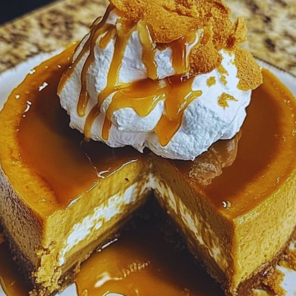 Slice of pumpkin caramel cheesecake with caramel drizzle and whipped cream