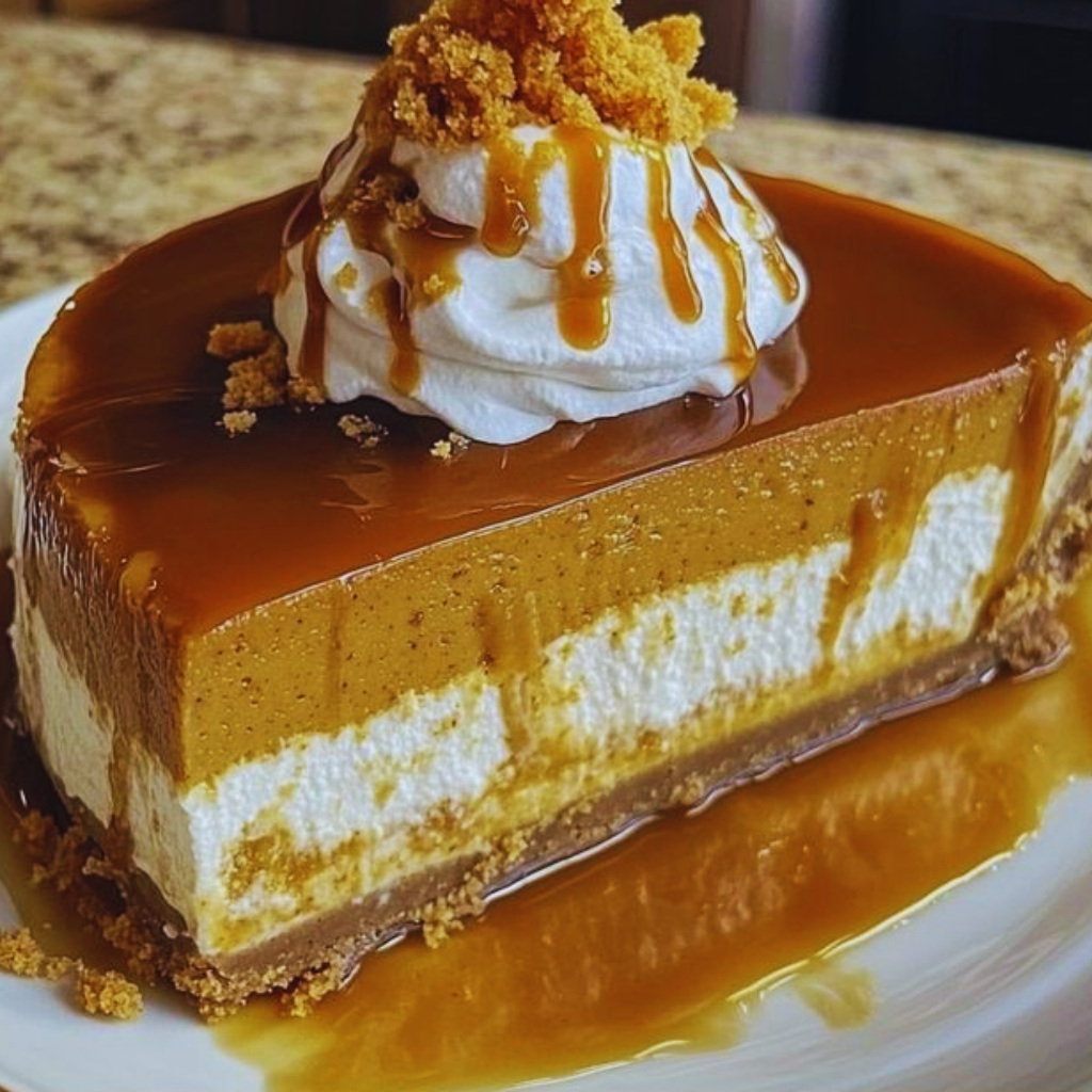 Pumpkin Caramel Cheesecake Recipe 4 Slice of pumpkin caramel cheesecake with caramel drizzle and whipped cream