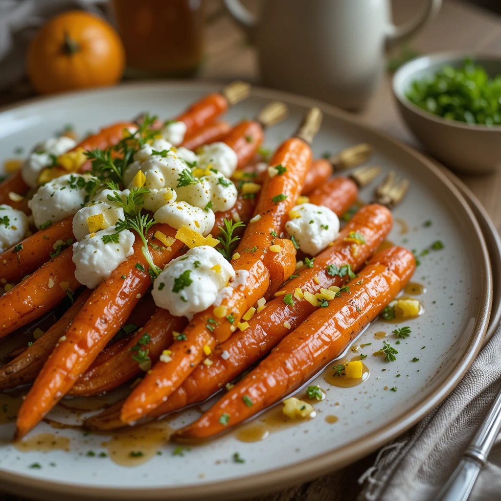 Roasted Carrots with Whipped Ricotta and Hot Honey 4 Roasted carrots with whipped ricotta and a drizzle of hot honey on a serving platter
