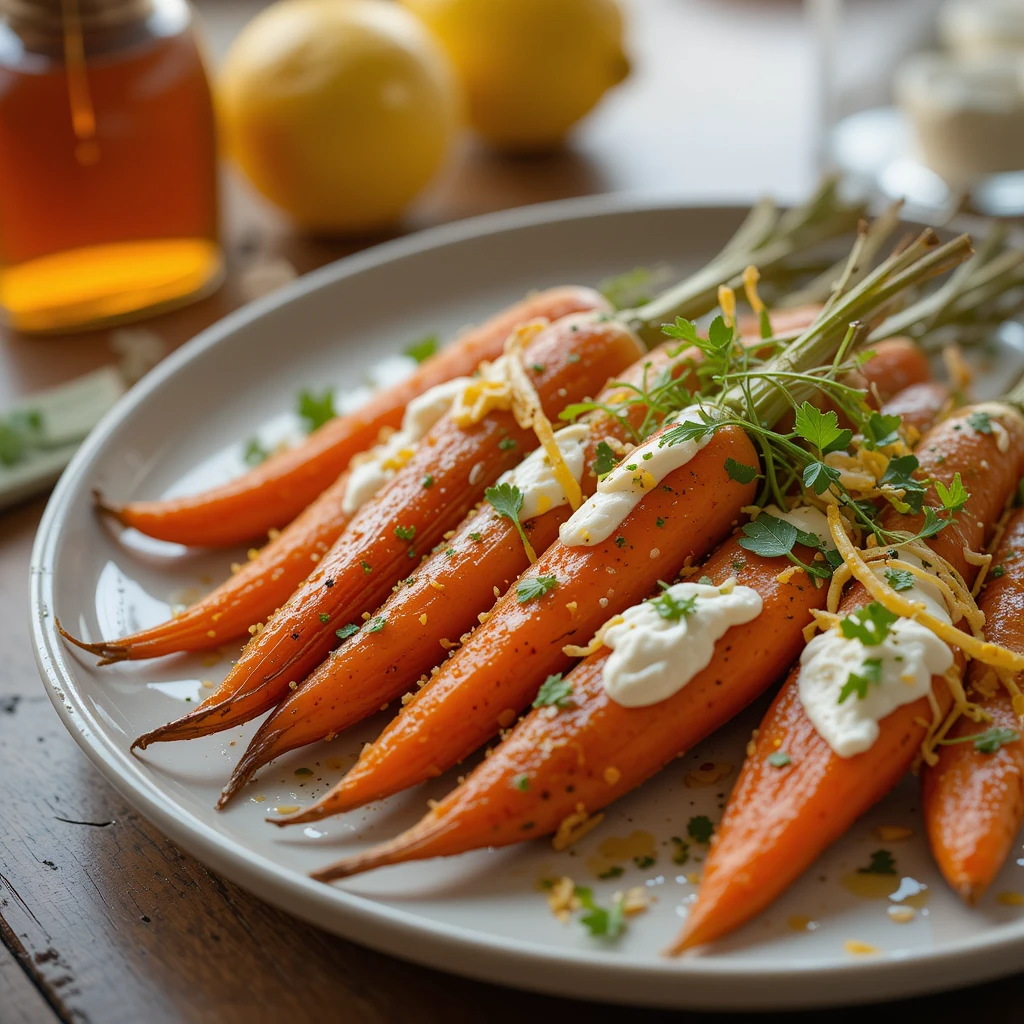 Roasted carrots with whipped ricotta and a drizzle of hot honey on a serving platter
